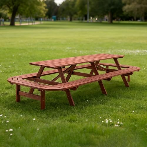 GFDGFD 8FT Wooden Picnic Table with Benches for 14-16 People, Outdoor Rectangle Patio Dining Table Set with Extended Benches, Umbrella Hole, Heavy Duty Backyard Garden BBQ Table, Brown