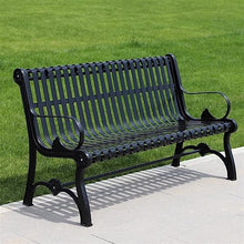 Park Patio Seat Garden Bench Outdoor Park, Cast Iron Metal Deck Bench with Armrest, 3 Seats Metal Leisure Chair Garden Furniture, Black Garden Furniture