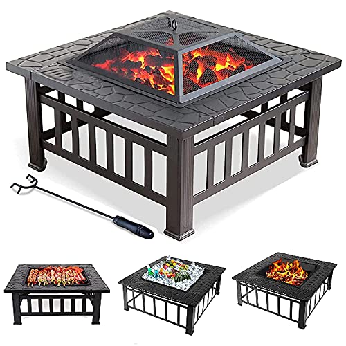 Large Outdoor Fire Pits, 32in Square Bonfire Firepit, Wood Burning Fireplace Stove w/Spark Cover Screen & Poker & Grill Grate, for Patio/Camping/Backyard/BBQ/Garden/Bonfire