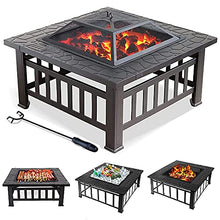 Large Outdoor Fire Pits, 32in Square Bonfire Firepit, Wood Burning Fireplace Stove w/Spark Cover Screen & Poker & Grill Grate, for Patio/Camping/Backyard/BBQ/Garden/Bonfire