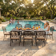 Attliasalon 9-Piece Cast Aluminum Outdoor Dining Set Retro Patio Dining Set for 8 Includes 86.6’’ Rectangular Table and 8 Chairs with Removable Cushion and Umbrella Hole for Patio Deck Garden Porch