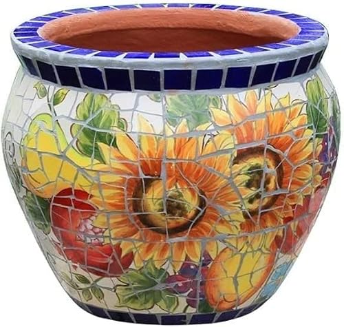 CUTPOIY Outdoor Villa Garden Large Flower Pot Hand-Painted Ceramic Mosaic Plant Pot Amen Garden Balcony Bonsai Planter European Classical Garden Planter Corridor Aisle Colorful, Sun Flower-Medium
