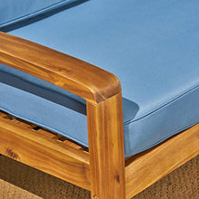 Christopher Knight Home Grenada Outdoor Acacia Wood Loveseat and Coffee Table Set with Water Resistant Cushions, Teak Finish / Blue