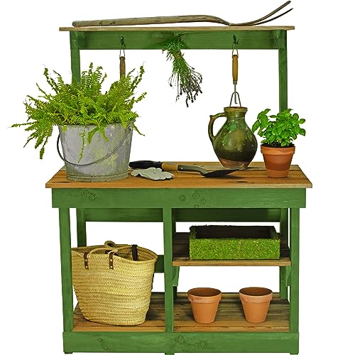 Rustic Gardening Workbench Outdoor Potting Table with Tool Hooks - Wooden Patio Furniture (Painted Greenhouse Frame)