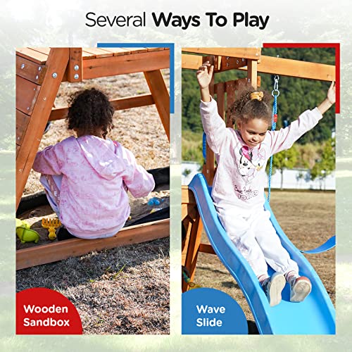 DOLPHIN PLAYGROUND T Wooden Swing Set with Slide and Climbing Wall, Outdoor Playset for Kids, Ages 2-9, Wood