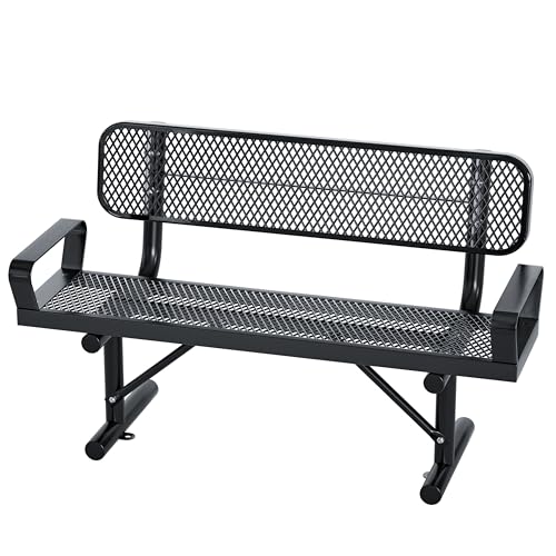 Cordova Garden Bench for Gardern, Cast Iron Metal Frame Patio Park Bench with Backrest, Portable Expanded Metal Black Bench, Commercial-Grade Seating for Outdoor Lawn/Patio (Black with armrests 4FT)