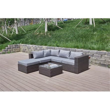 Pemberly Row Outdoor Sectional Sofa Set, Gray Cushions, Brown Wicker/Rattan Frame, 86" L x 80" W x 28" H, Tempered Glass Top Coffee Table, Water-Resistant Cushions, Modern Patio Furniture for
