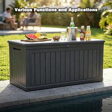 SWLJKU XXL Deck Box Outdoor Storage, Large Waterproof Resin Patio Furniture Cushion Organizer, Heavy Duty Lockable Garden Bench with Double-Wall Construction, Wood Grain Black (260, Gallons)
