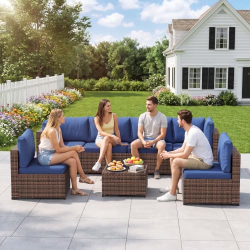 LHBcraft Outdoor Patio Furniture Set Wicker, 7 Pieces Patio Sectional, Blue