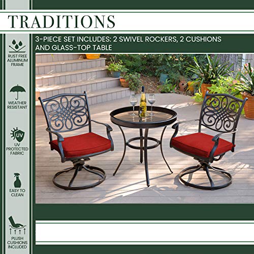 Hanover Traditions 3-Piece Patio Bistro Set with 2 Swivel Rockers and Glass-Top Table Red
