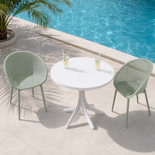 Trygoal 3-Piece Indoor/Outdoor Bistro Set, Weatherproof Patio Furniture Set with Round Slatted Table & 2 Mesh Chairs, Modern Lounge Chairs with Non-Slip Feet for Balcony, Backyard, Garden, Pale Green