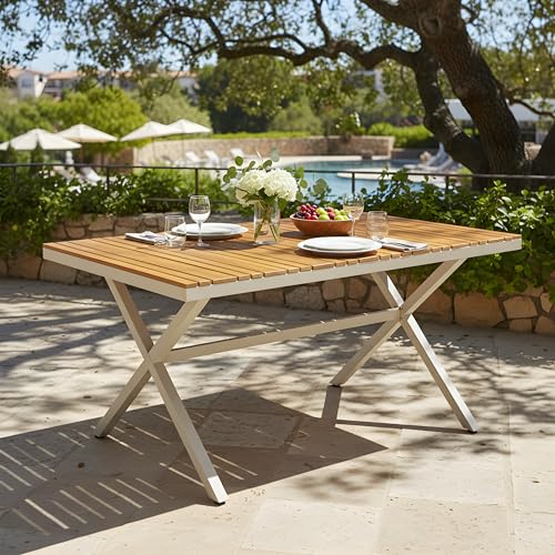 Christopher Knight Home Rado 55”L Wooden Outdoor Dining Table with Steel Frame, Sturdy Rectangular Patio Table for 4-6 People, Dining Room Table with Slatted Design and X-Shaped Legs, Teak + Beige