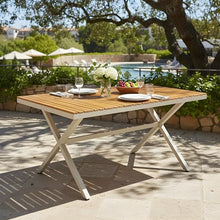 Christopher Knight Home Rado 55”L Wooden Outdoor Dining Table with Steel Frame, Sturdy Rectangular Patio Table for 4-6 People, Dining Room Table with Slatted Design and X-Shaped Legs, Teak + Beige