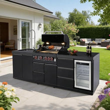 Outdoor Kitchen Island with Built in Grill, 4 Burner 59500 BTU Stainless Steel Gas Barbecue Island, Patio Cooking Station with Refrigerator & Sink, Built In Grill Island for Backyard (Black)