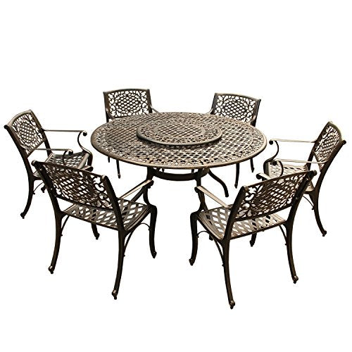 Oakland Living Ornate Traditional Outdoor Mesh Lattice Aluminum 59 inch Bronze Round Dining Set with Lazy Susan and Six Chairs
