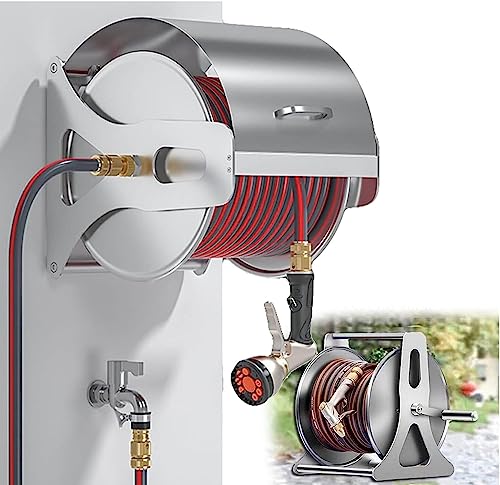 DSWMY Garden Hose reels Hose Reels,Washer Reel, Removable Or Wall/Floor Mounted Retractable Garden Hose Storage Holder, Durable Metal Hose Reel for Watering Plants Clean The Floor(Rack+40m Hose)