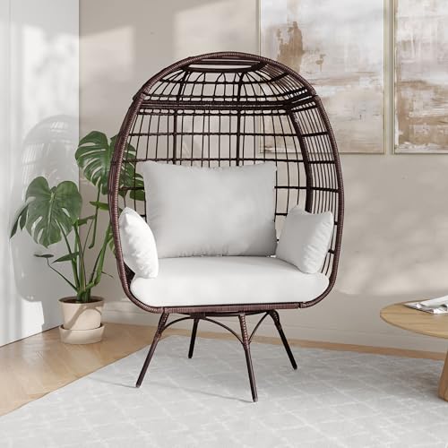 Flash Furniture Zola Oversized Wicker Egg Chair with 360° Swivel, High Back, 4 Cream Cushions/Brown Frame