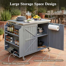 YATON Outdoor Grill Cart with Stainless Steel Top, Rolling Outdoor Kitchen Island with Storage Cabinet & 3-Tier Side Shelves, BBQ Prep Table on Wheels with Hooks for Patio Backyard,Gray