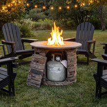 COSIEST Outdoor Propane Concrete Fire Pit Table w Imitation Stone Surface 32-inch Round Fire Table, Certified, 40,000 BTU Stainless Steel Burner, Free Lava Rocks, Fits 20lb Tank Inside