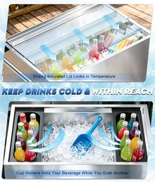 Stainless Steel Insulated Ice Bin Cart with Wheels, Portable Mobile Outdoor Cooler Cart with Sliding Lid, Removable Handle & Drain Pipe, Large Capacity Ice Storage Bin for Parties,Patio&Outdoor Events