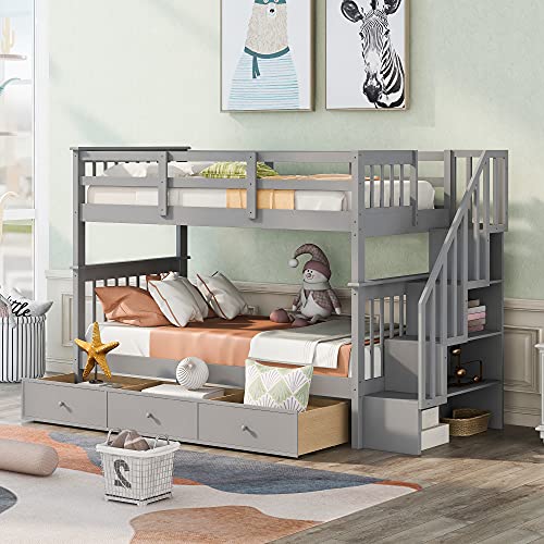 BIADNBZ Twin Over Twin Bunk Bed with Stairs and Storage Drawers Grey