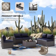 HTERWQEA 6‑Piece Dark Blue Rattan Patio Furniture Set, All-Weather Sectional Sofa with Cushions, Outdoor Conversation Set, Wicker Sofa for Garden, Porch, Backyard