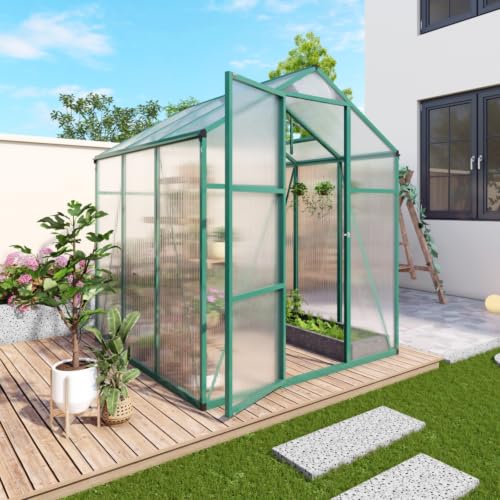 Walk-in Polycarbonate Greenhouse with Aluminum Frame and Double-Door Gate for Growing Flowers, Herbs, Plants, Outdoor Plant Tent with Drainage Gutter System for Backyard, Lawn (6x6FT+Green)