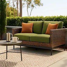 Benzara Izon Outdoor Loveseat, 2 Throw Pillows, Green, Brown Woven, 60 Inch