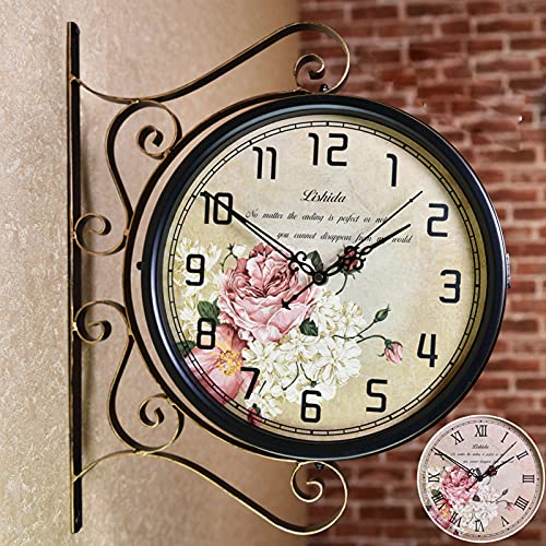 EHVYBDX Outdoor Garden Wall Clock, Wrought Iron Retro Double Sided Station Clock Garden Clock,Rotation Waterproof Outdoor Clock Decoration Outside Clock Decorative