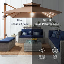 Best Choice Products 10ft Square Cantilever Patio Umbrella w/Base Included, Woodgrain Pattern Pole & Solar LED Lights, 360-Rotation, Offset Hanging Outdoor Shade - Tan