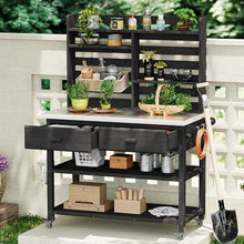 Roomfitters 64.9" Outdoor Potting Bench & Kitchen Island with Stainless Steel Top, Propane Rack & Lockable Wheels, Black