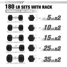 RitFit Rubber Hex Dumbbells Set with Rack 180LBS