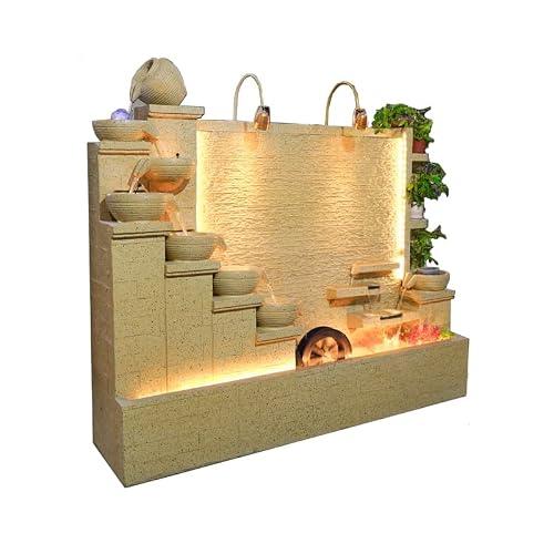 6.56 Foot Tall Modern LED Waterfall Fountain with Planters and Water Wheel - Indoor/Outdoor Decor with Multi-Tiered Design and Ambient Lighting (Black)(Camel)