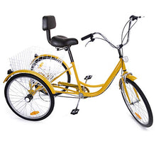 FVSTR GEESEN 24 Inch Adult Tricycle Trike 3 Wheel Bike 6 Speed Shift 6-Speed Gears, Scout Trike + Shopping Basket Yellow