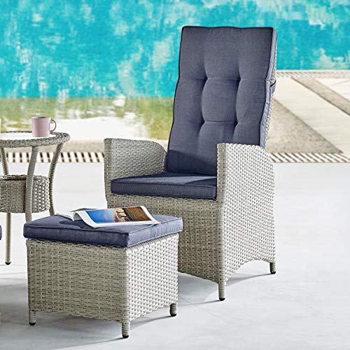 All-Weather Wicker Outdoor Recliners with Ottomans and Cushions Set of Two Beige Beach Nautical Coastal Steel Cushion Included Ottoman Weather Resistant