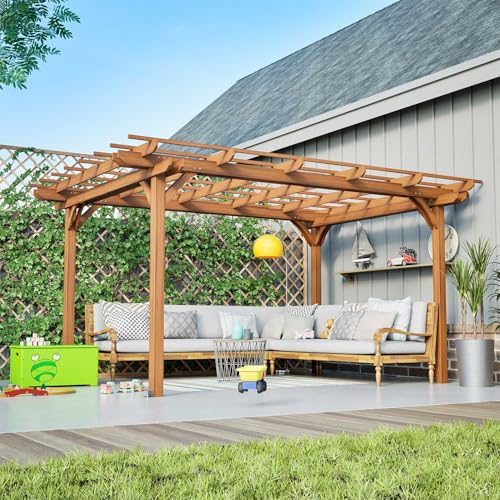 SRECELL 12x10 FT Outdoor Wood Pergola, Wooden Patio Pergola with Trellis Roof for Climbing Plants, Garden Arbor Gazebo for Patio Backyard Deck Shade Structure, Brown