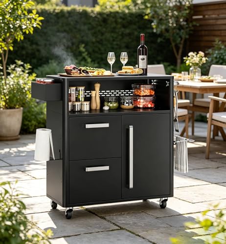 Heavy-Duty Outdoor Grill Cart with Stainless Steel Prep Table,Mobile BBQ Island Cart with Spacious Storage Cabinet & Lockable Wheels, Multi-Function Patio Kitchen Station for Grilling & Outdoor