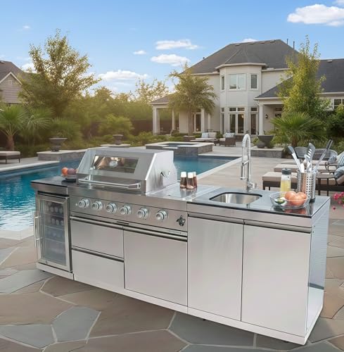 98-Inch Outdoor Kitchen Island with 4-Burner Gas Grill, 72000 BTU 304 Stainless Steel BBQ Bar, Black Granite Countertop, Built-in Wine Cooler Refrigerator, Rotisserie Kit & Storage Cabinets, Silver