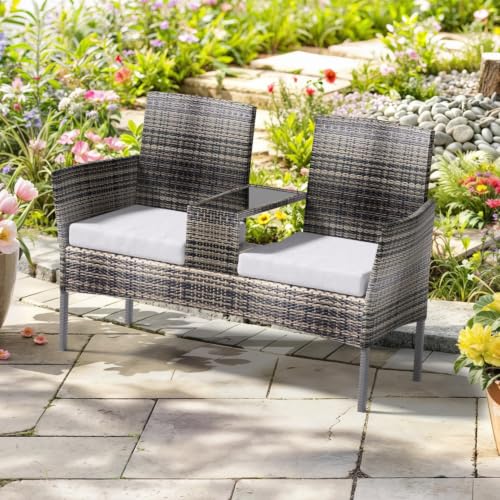 1 Pcs Outdoor Rattan Double Seat Loveseat with Solid Non-hollow Middle Side Table & Padded Cushions, Weather Resistant Outdoor Patio Furniture Set for Patio, Backyard, Garden, Porch(Gray-Gray)