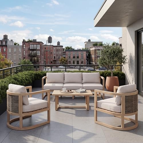 Merax 4 Piece Rattan Woven Paito Conversation Set, All-Weather Acacia Wood 3 Seater Sofa,2 Club Armchairs with Cushions, 1 Coffee Table for Porch, Lawn, Backyard, Balcony, Light Teak