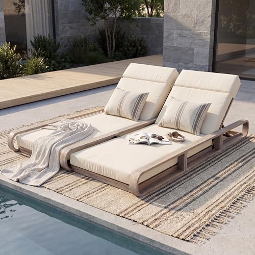 Merax Double Chaise Lounge Chair Outdoor, 4-Position Adjustable Backrest & Headrest for Each Seat, Modern 79" Acacia Wood Pool Lounge with 4-Fold Cushions for Patio Garden Beach, Beige+Light White