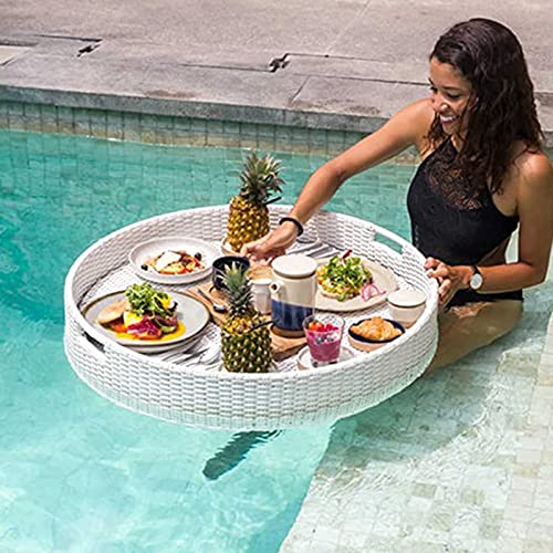 Round Rattan Floating Breakfast Tray, Swimming Pool Floats, Floating Tray for Pool for Adults for Sandbars Spas Bath and Parties and Outdoor Bar,White