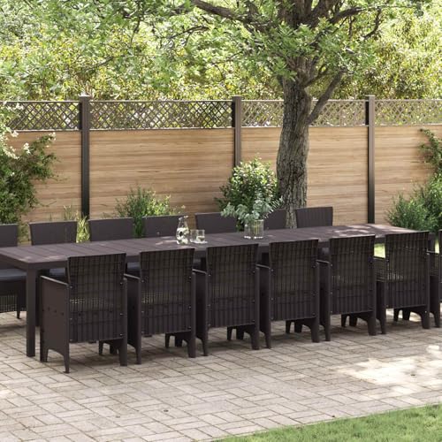 Molumvel 15 Piece Outdoor Dining Set for Patio, Brown Polypropylene Garden Table and 14 Chairs, Weather-Resistant Furniture for Large Family Gatherings