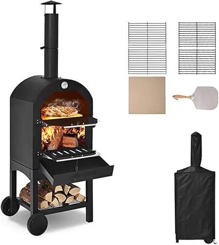 Wood Fired Pizza Oven for Outside, Freestanding Steel Oven with 2 Wheels - Ideal for Barbecue Camping Backyard Party - Fired Outdoor Pizza Oven