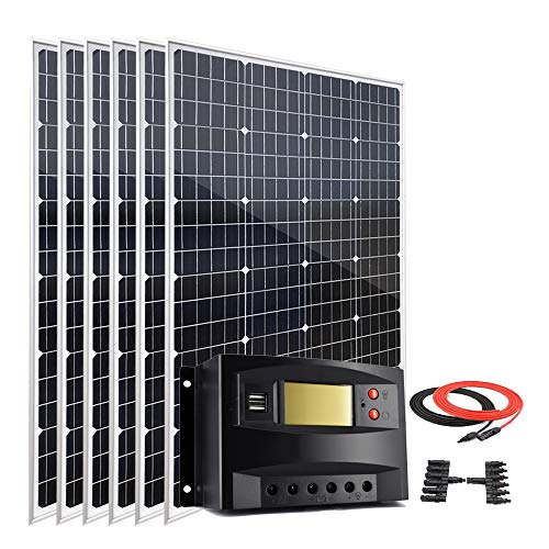 Giosolar 6pcs 100 Watts 12 Volts Monocrystalline Solar Panel Kit for Boat Off-Grid System with LCD Charge Controller/Connectors/Solar Cables for 12V/24V Battery Charging (600W Kit)