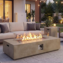 COSIEST 2-Piece Outdoor Propane Fire Table Set, Rectangle Concrete 56" x 28" Gray Fire Pit (Certified, 50,000 BTU) w 20lb Tank Table, Wind Guard, Waterproof Cover for Garden, Porch, Backyard