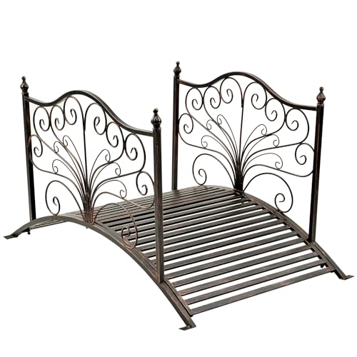 4-Foot Metal Garden Bridge with Scrollwork Rails, Outdoor Yard Decoration, Black Bronze Finish - Supports 440 lbs