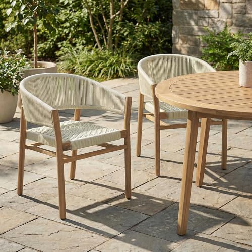 Outdoor Accent Chair Set of 2, Rope Woven Patio Chairs with Acacia Wood Frame, Comfortable Garden Seating with Curved Backrest and Armrests, Elegant Outdoor Chairs for Patio Balcony Porch, Beige