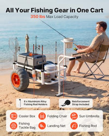 VEVOR Beach Fishing Cart, 350 lbs Load Capacity, Fishing Cart Wagon with Heavy-Duty Aluminum Alloy Frame, 16.5 in All-Terrain PU Balloon Tires, 8 Rod Holders, for Outdoor Activities Camping Picnic