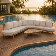 Christopher Knight Home Gemsy 118" Acacia Wood Outdoor Patio Furniture Set with Cushion, Outdoor Half Moon Curved Sectional Sofa Set with Coffee Table, Patio Sectional Sofa Set, Beige+Light Teak